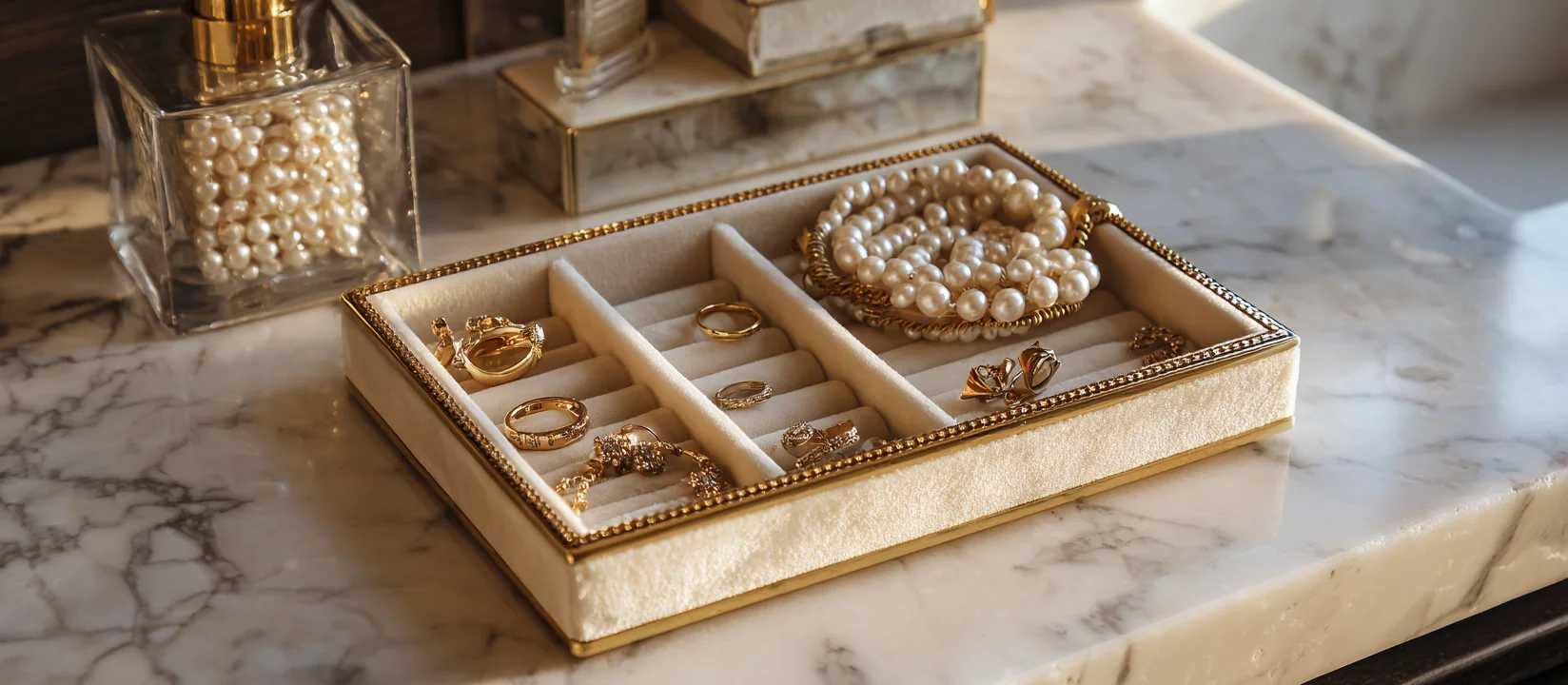 A clear glass and metal jewelery tray displays various gold pieces, acting as a protected jewelry storage trays.